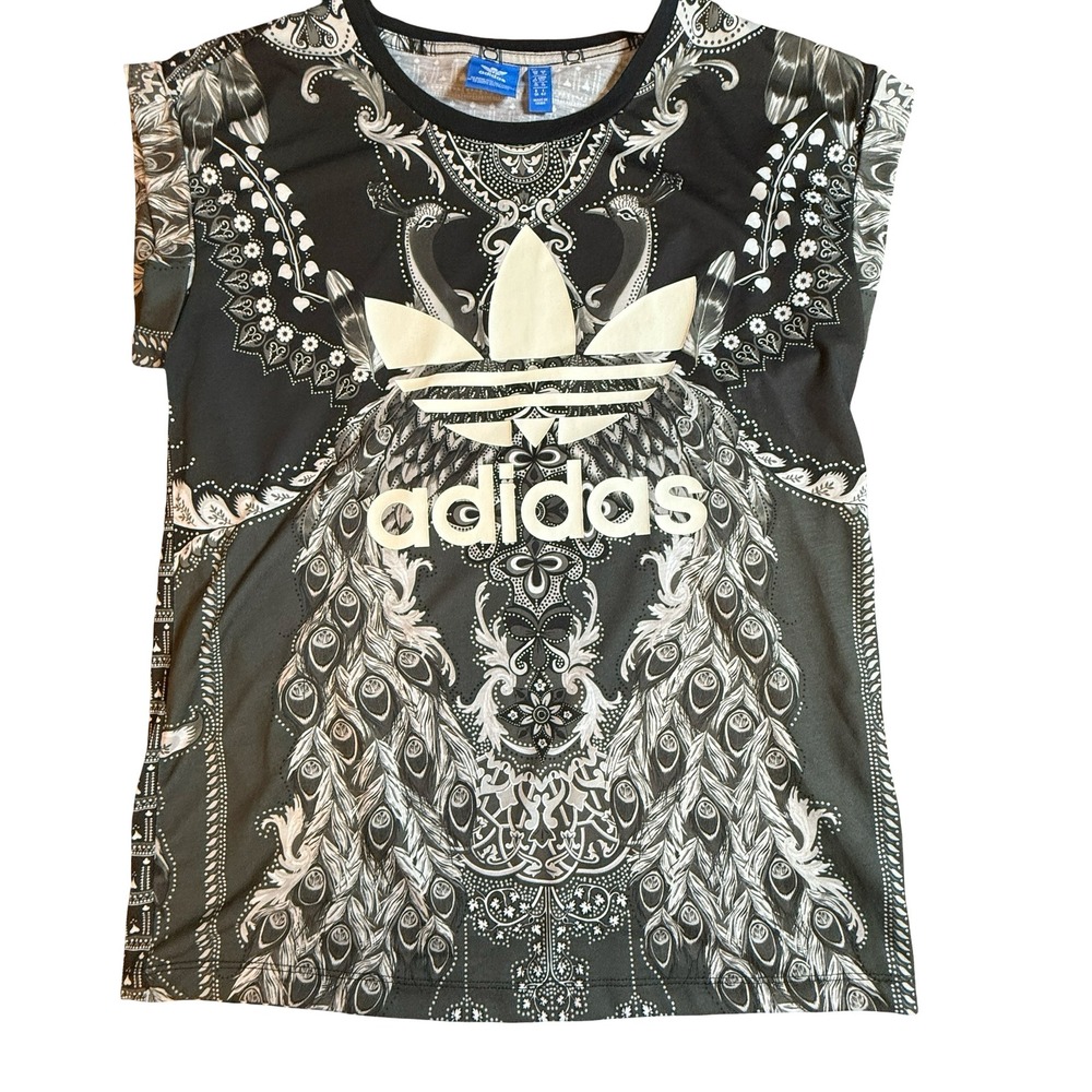 Adidas Originals Women Black White Peacock Paisley Trefoil T-Shirt‎ AY6880 Small